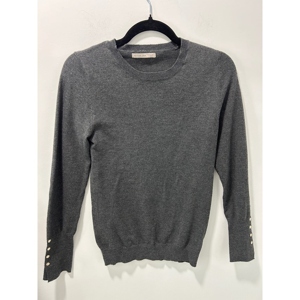 Active USA Women Charcoal Gray Gold Button Cuff Crew Neck Sweater SW11698 Small